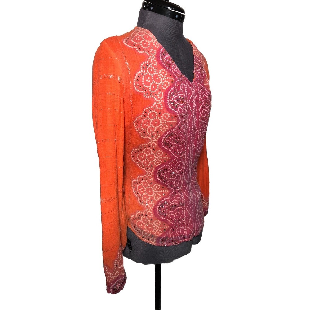 Vtg Y2K Boho Blouse Cervelle Sequin Metallic Bandhani Print Orange S DAMAGED - Picture 3 of 14